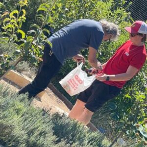 two men looking in bag