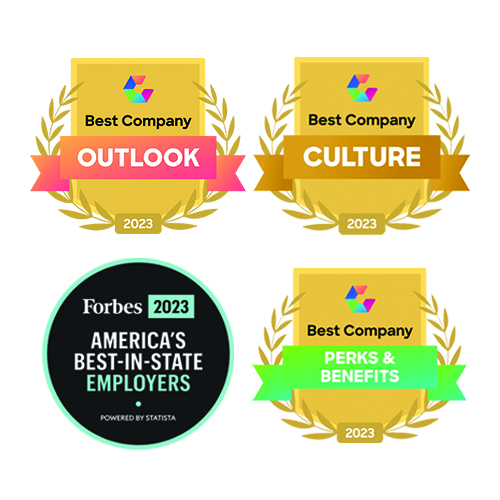 4 award banners including Forbes Best in state employer, Comparably Perks and Benefits, Comparably Culture, and Comparably Outlook