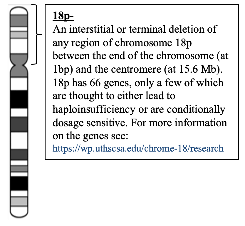 18p- An interstitial or terminal deletion of any region of chromosome 18p between the end of the chromosome (at 1bp) and the centromere (at 15.6 Mb). 18p has 66 genes, only a few of which are thought to either lead to haploinsufficiency or are conditionally dosage sensitive. For more information on the genes see: https://wp.uthscsa.edu/chrome-18/research
