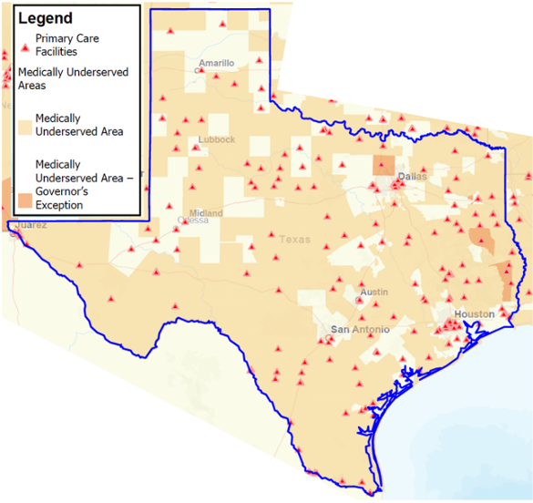 Map of Texas with Health Resource and Safety Administration (HRSA) designations of rural or medically underserved hospitals in red.
