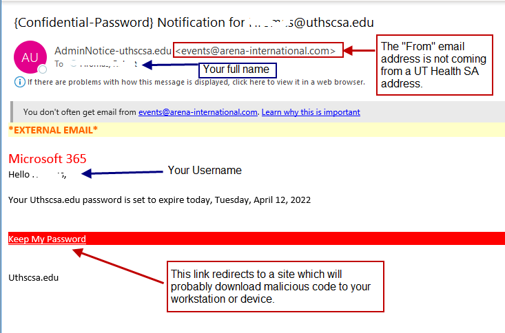 Screenshot of email trying to trick recipient into clicking on a potentially malicious link