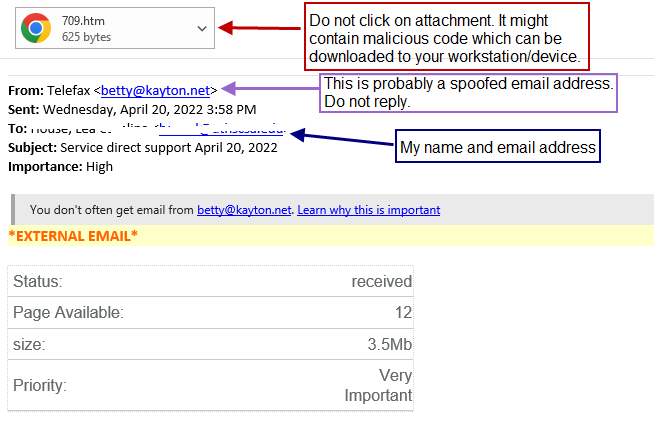 Screenshot of email stating, "Do not click the attachment".