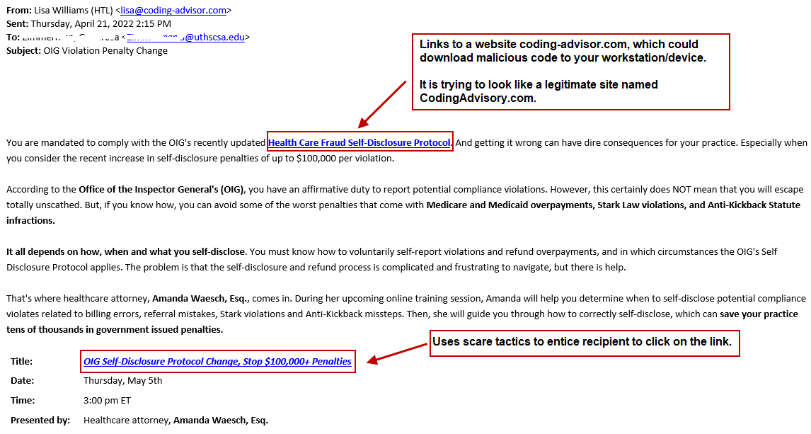 Screenshot of email to Medical Coders with scare tactics to click on links