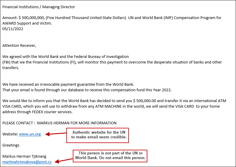 Screenshot of fraud email
