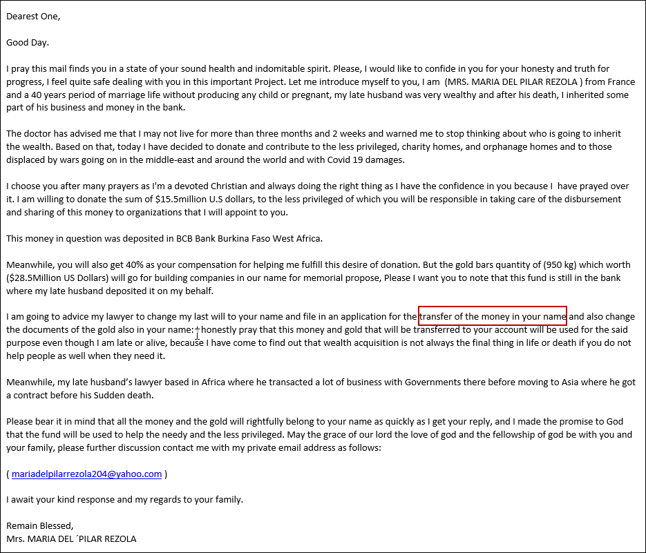 Screenshot of fraud email