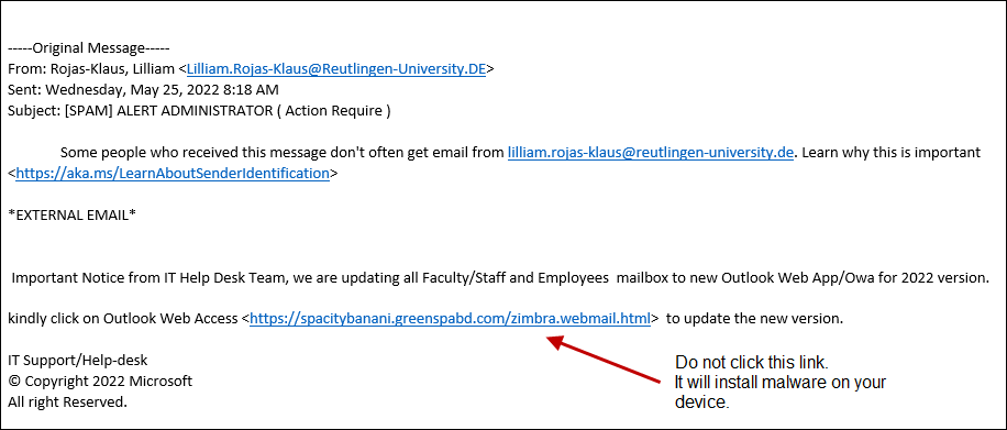 Screenshot of email with link to possible malware