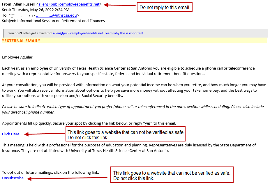 Screenshot of phish email
