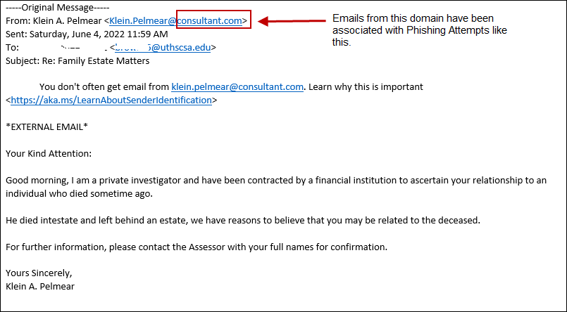 Screenshot of inheritance phishing email