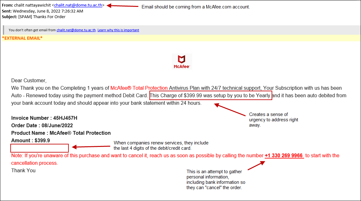Screenshot of McAfee email