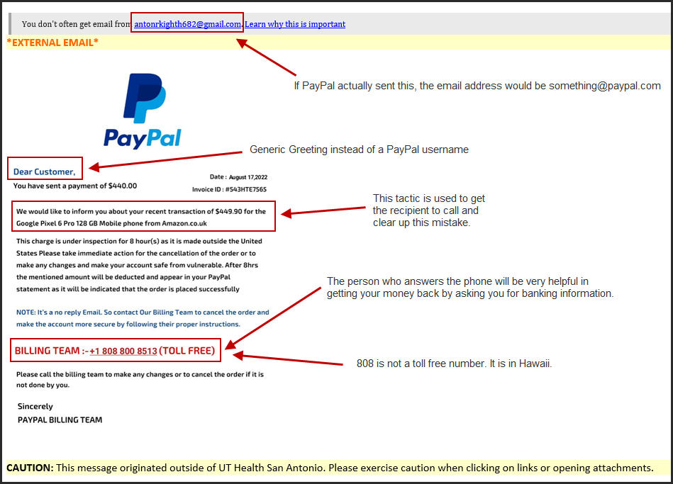 Screenshot of phishing email