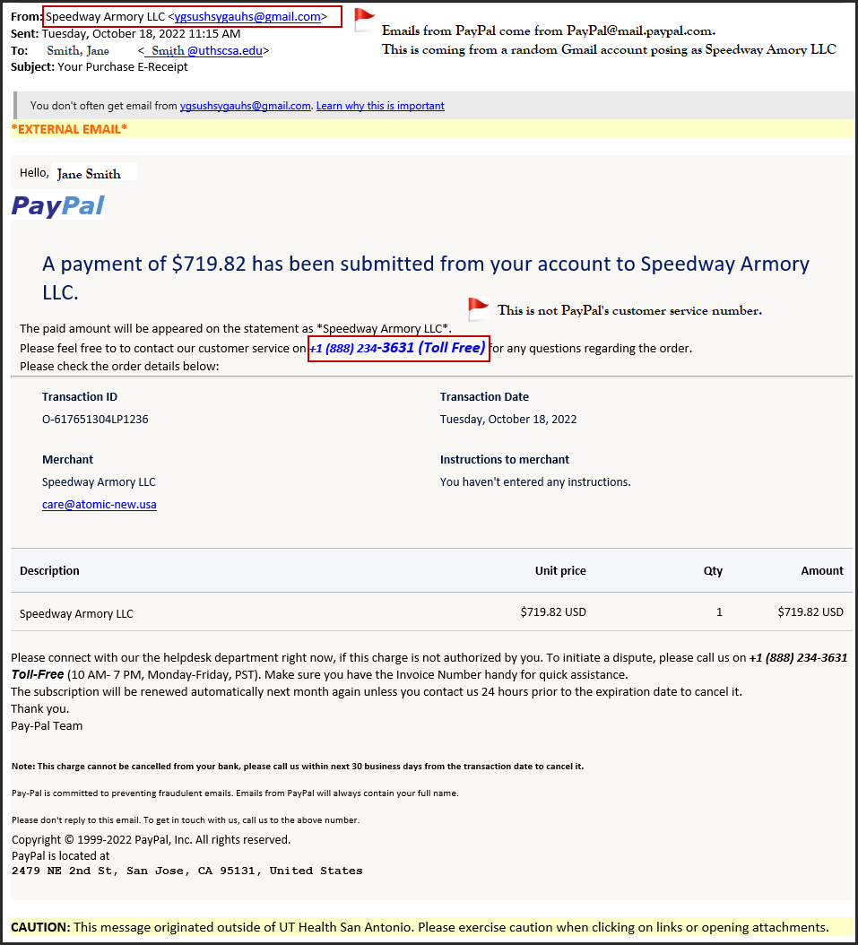 Red Flags: From Email Address not PayPal