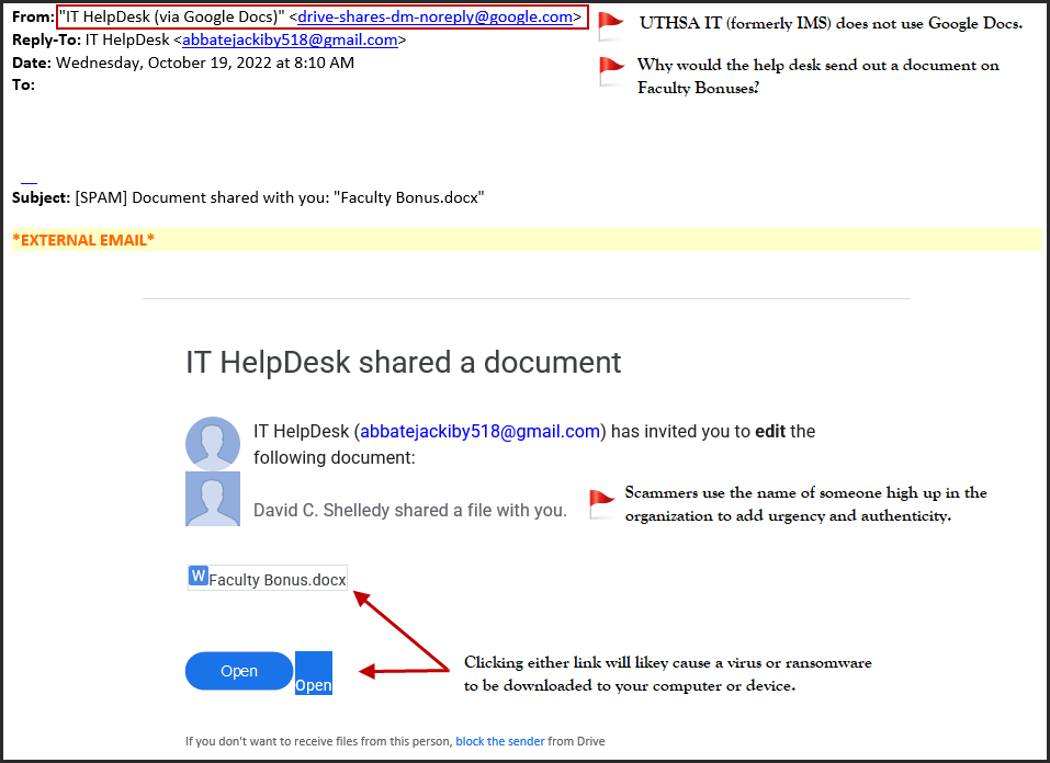 Red Flag: email coming from IT Help Desk is coming from a google address.
