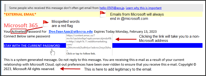 Red Flags - Email not coming from Microsoft, misspelling Activated, hovering over the link shows a non-Microsoft URL