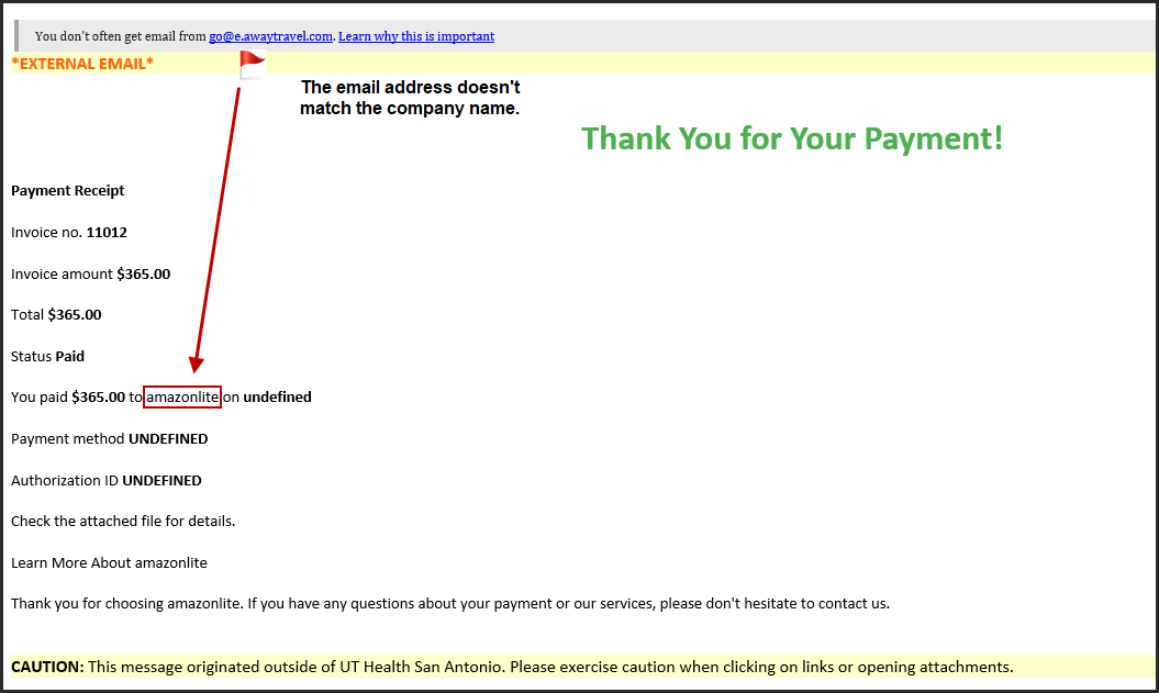 Red flag - email sender does not match the company name.