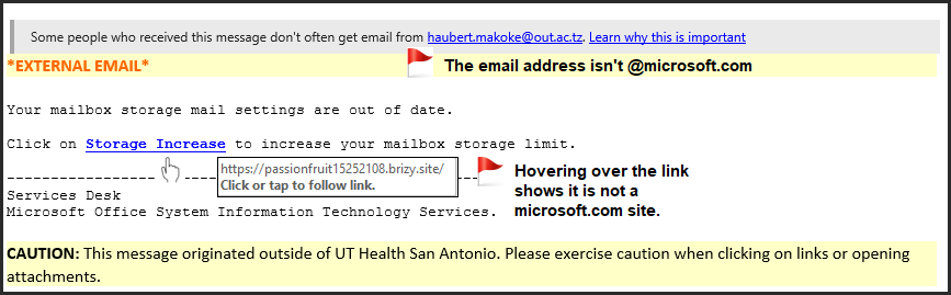 Red Flag - email address isn't @microsoft.com
Red Flag - URL isn't pointing to Microsoft.com