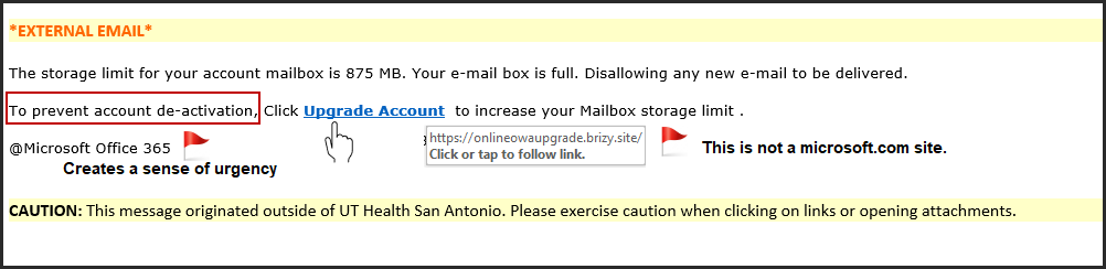 Red Flag 1. URL in link is not microsoft.com
2. To prevent account de-activation - creates urgency