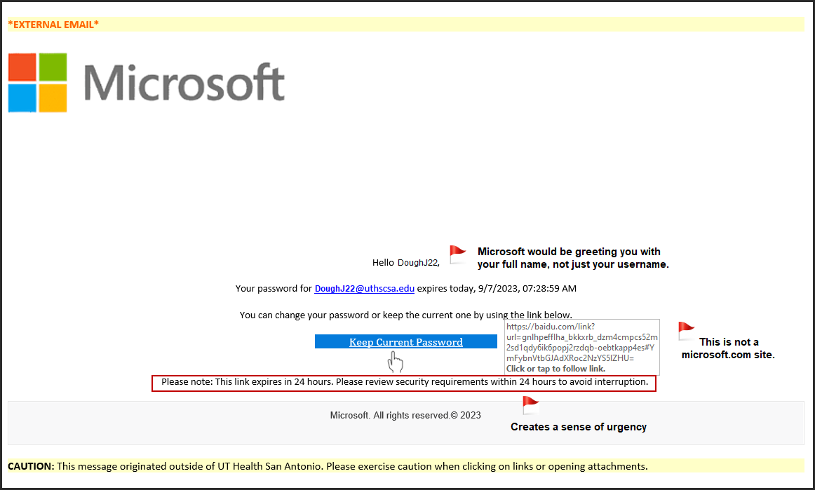 Red Flags
1. Greeting is just username.
2. Link isn't microsoft.com.
3. Using the term "Avoid interruption" creates urgency.