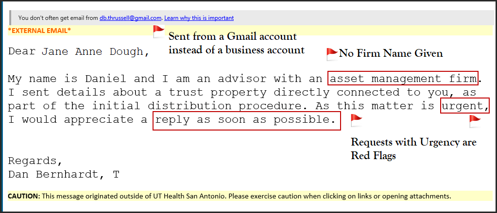 Screenshot of email with Red Flags listed.