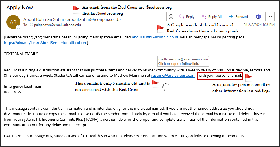 Screenshot of email with the red flags listed