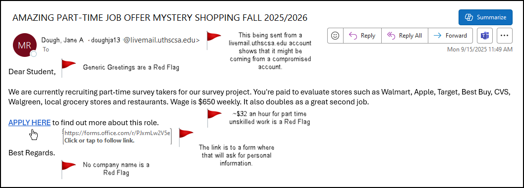 Shows the red flags in the email. 