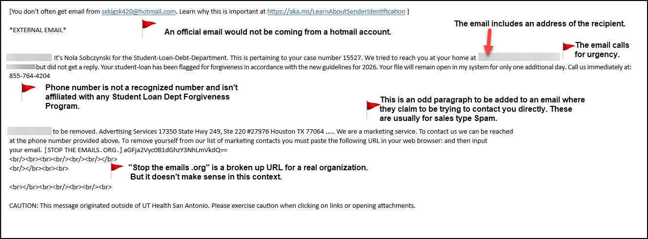A screenshot of the email with the red flags noted