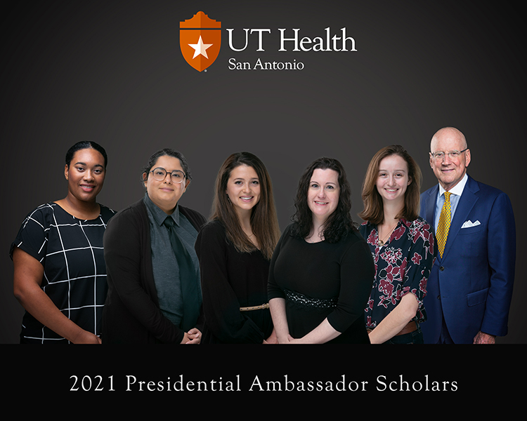 2021presidentialambassadorscholarscomposite (1) From left: Kristi Morris, School of Dentistry; Nemo Muñoz, School of Health Professions; Kelsey Kohler, Long School of Medicine; Katherine Cermin, School of Nursing and Ashley Braddom, Graduate School of Biomedical Sciences